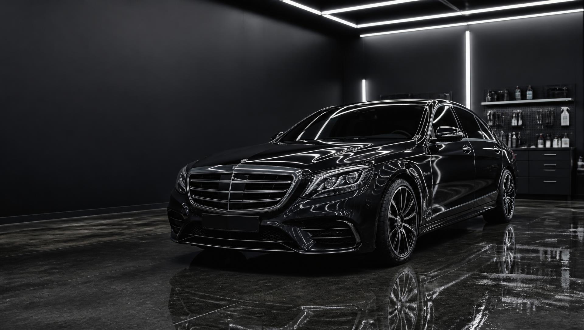 Glossy black luxury vehicle in a premium detailing studio