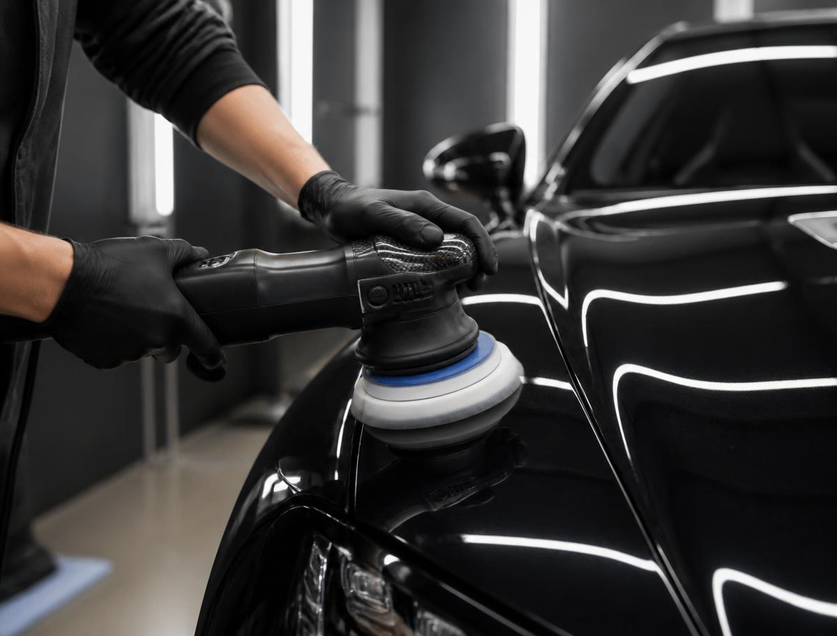 Professional detailer carefully polishing a vehicle