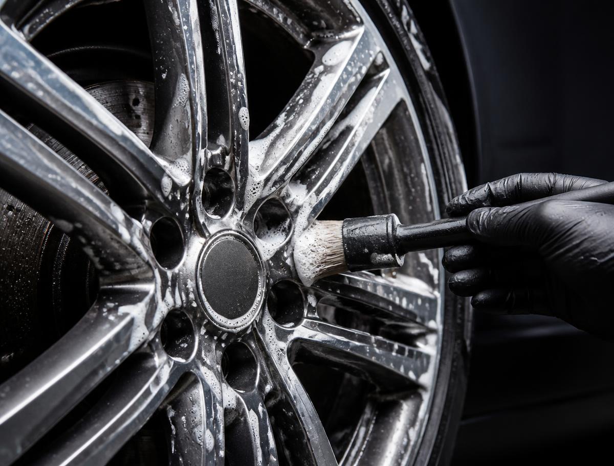 Professional brush cleaning a metallic alloy wheel